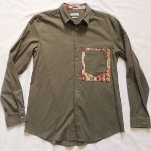 Zara Man Khaki Southwestern Pattern Button Up Long Sleeve Shirt, XL